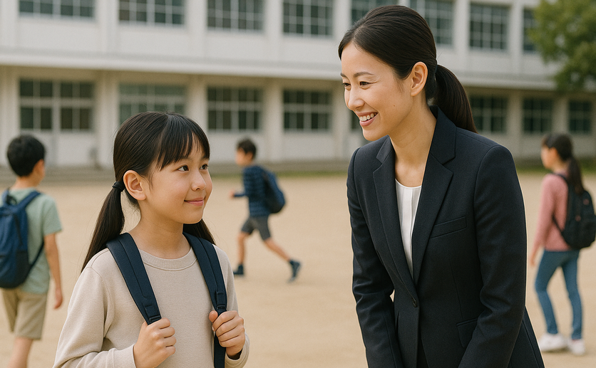 学校で話をする親子