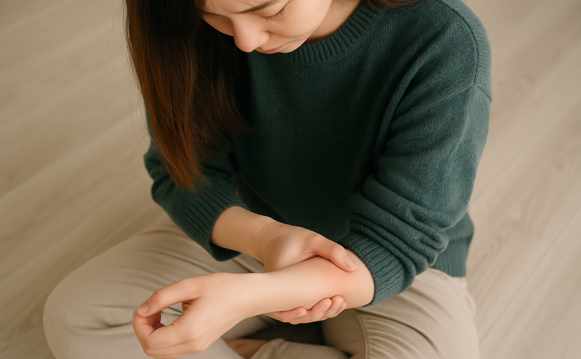 腱鞘炎の痛みを我慢する女性