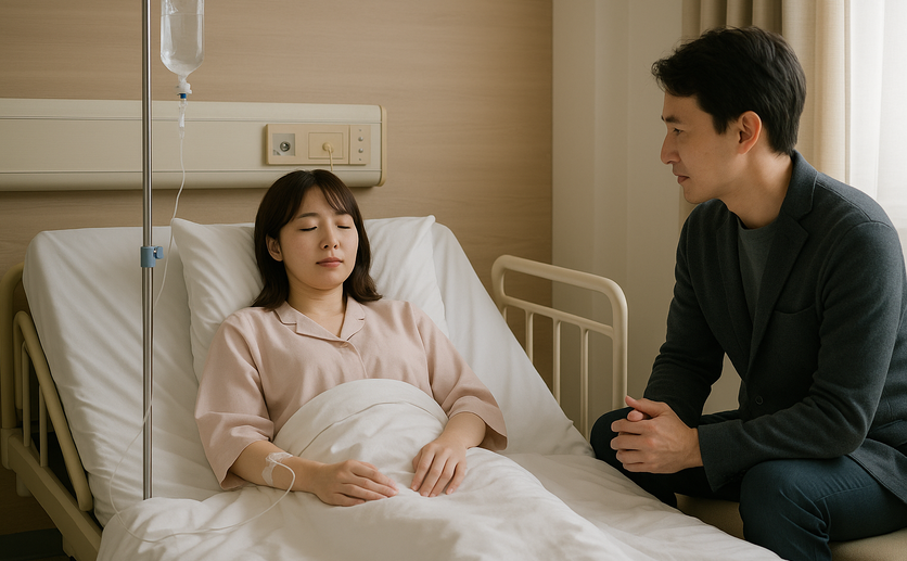 入院して点滴を受ける女性