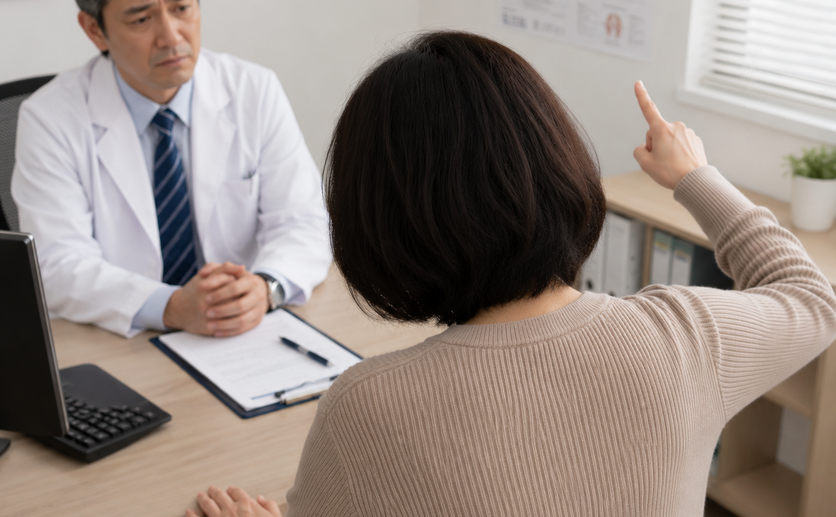 医師に症状を説明する女性