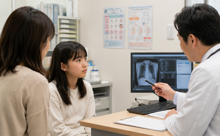 医師の説明を聞く親子