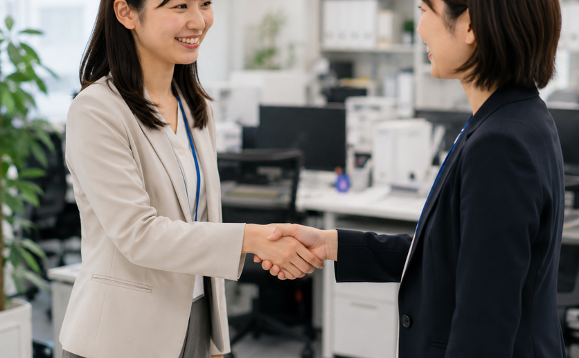 同僚と握手をする女性
