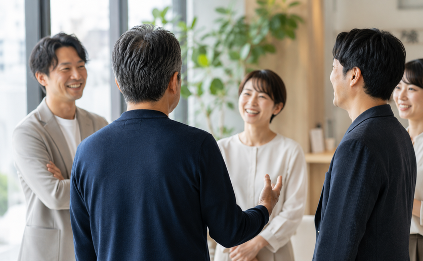 知り合いと病気について会話する男性