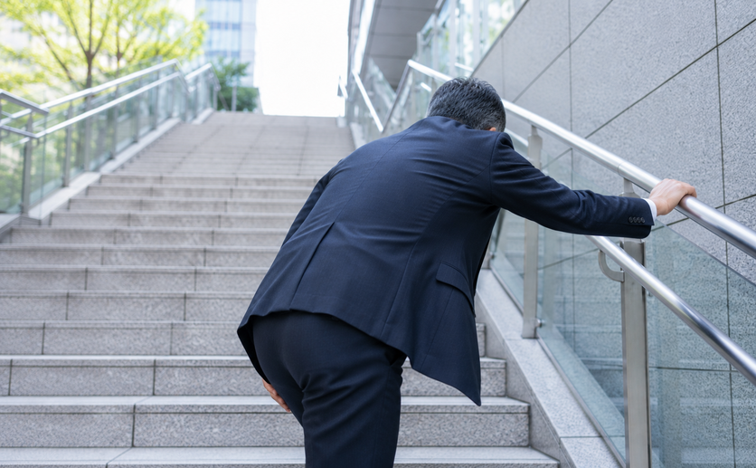 階段で息切れする男性
